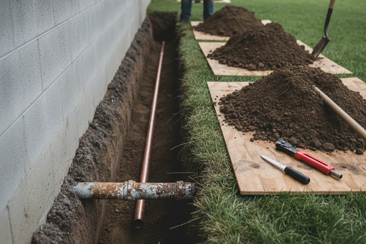 Excavated water line trench during Water Softener Installation in Chadwick